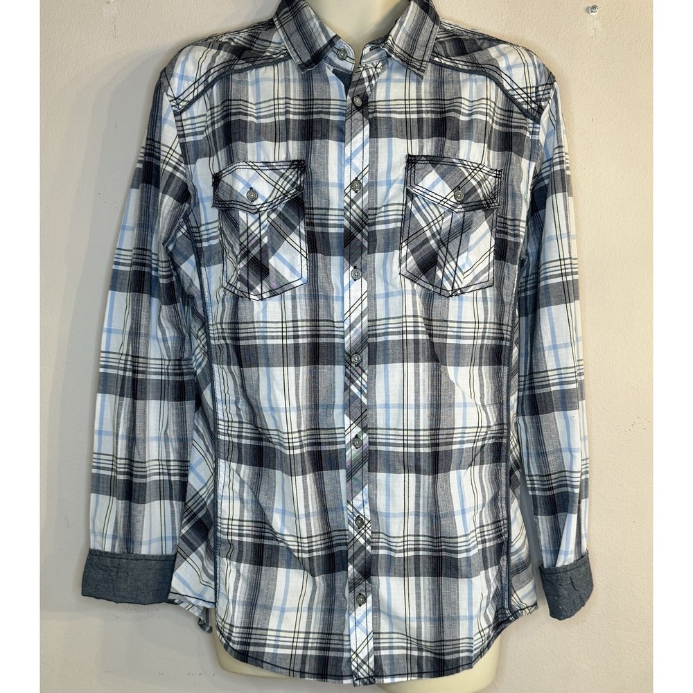 BKE Tailored Fit Shirt  Black White Plaid Button Up Mens Size Large‎